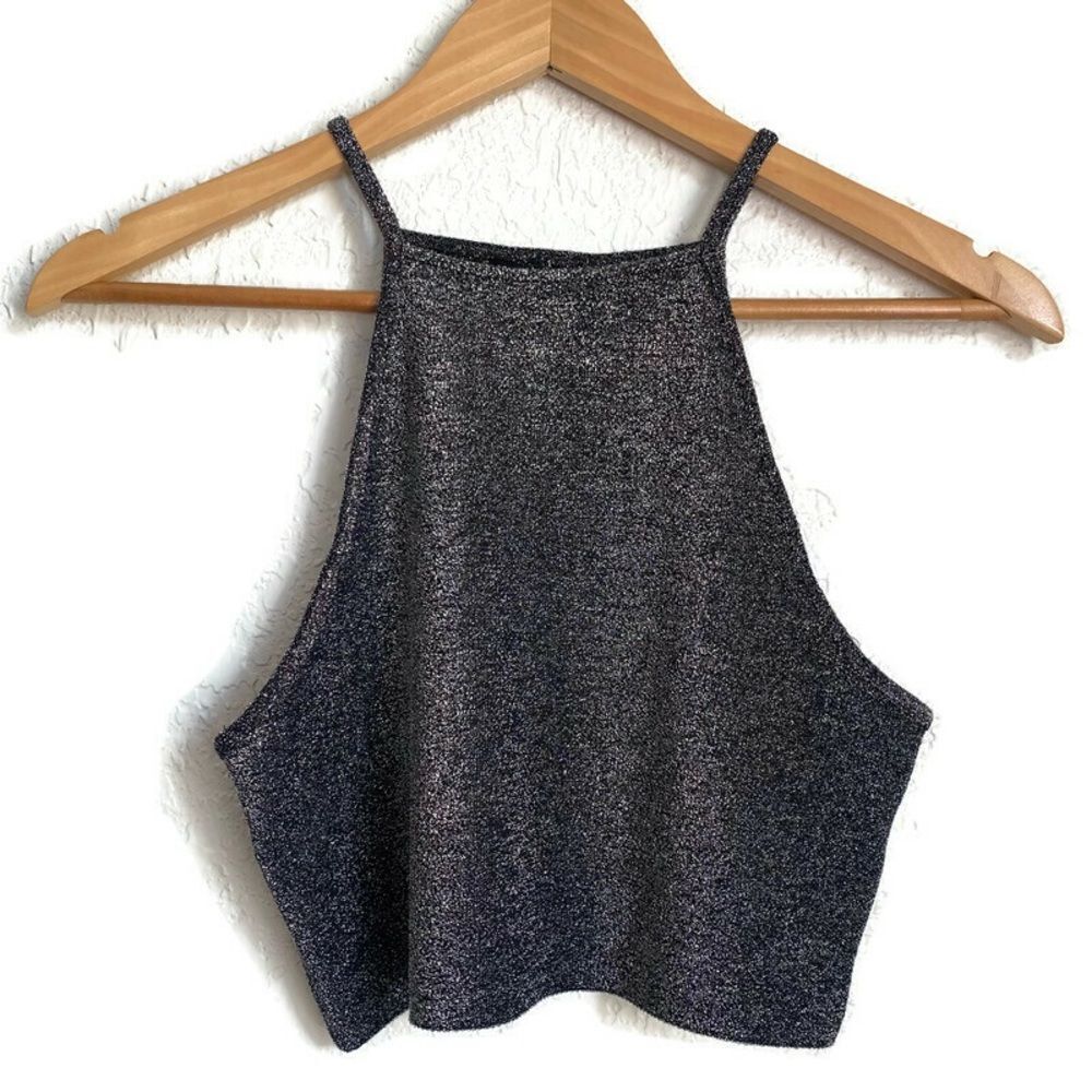 NWT F21 Sparkly Black High Neck Crop Top Sz L